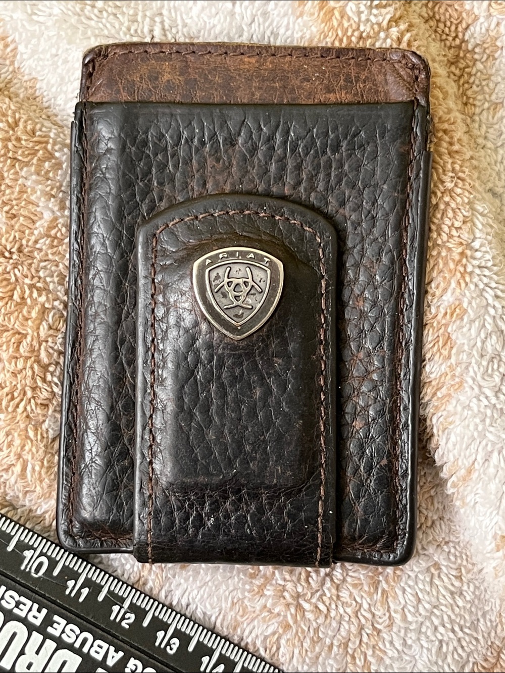 Ariat Dark Brown Leather Money Clip with Silver Shield Emblem